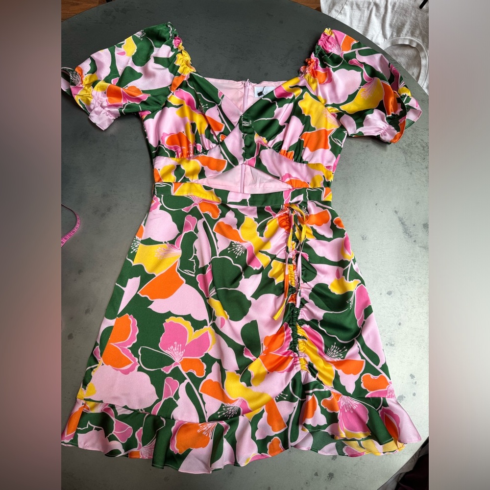 Sugarlips - Tropical Printed Satin Ruched Cutout Mini Dress